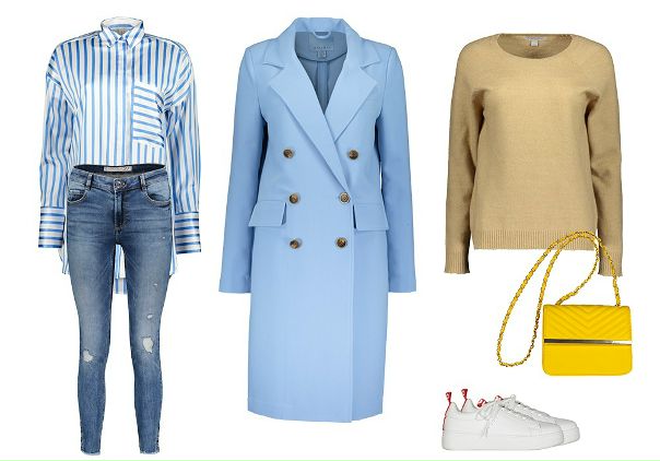 Голубой тренч в повседневном образе. 