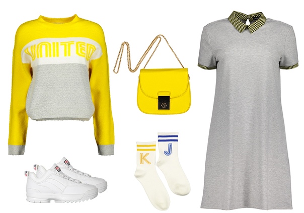 Модный образ 2019. Яркий и солнечный оттенок в сочетании со спокойными серыми тонами. 